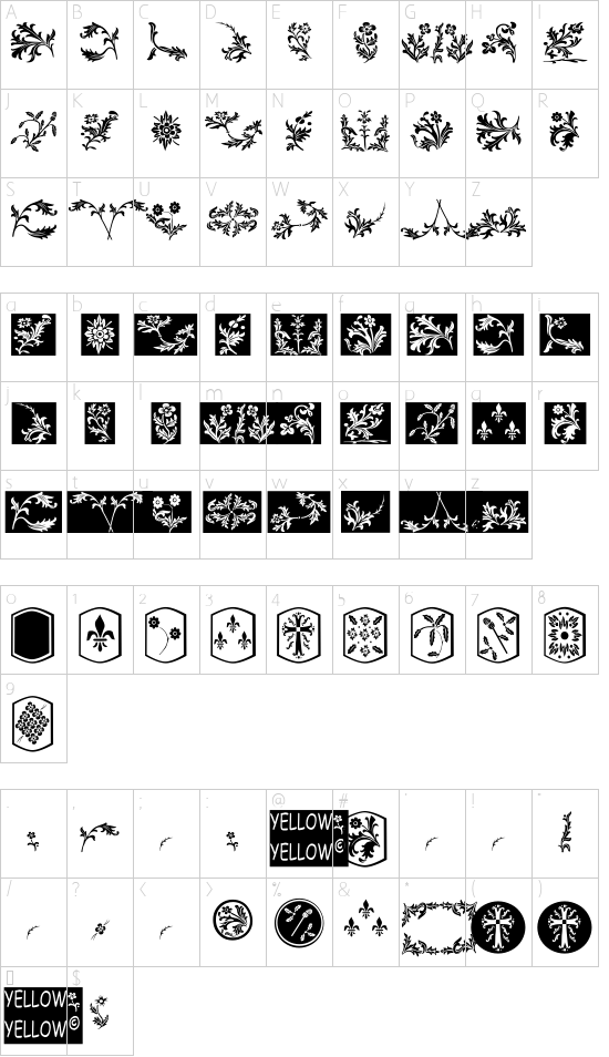 YY Old English Dingbats Italic font character map