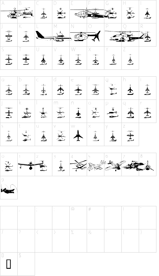 Aircraft font character map