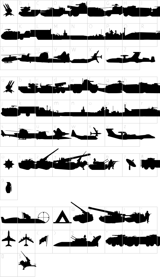 Military RPG font character map