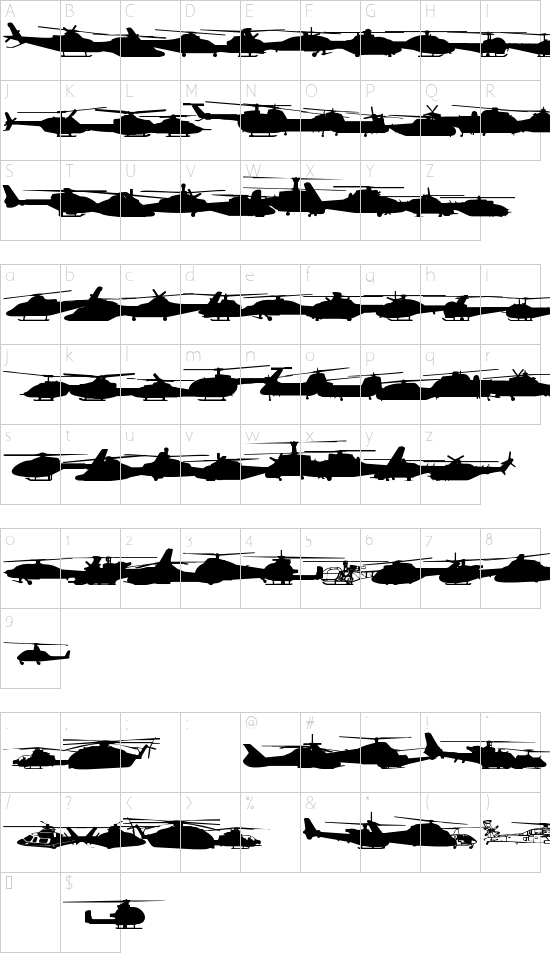 Hello Copters Solid font character map