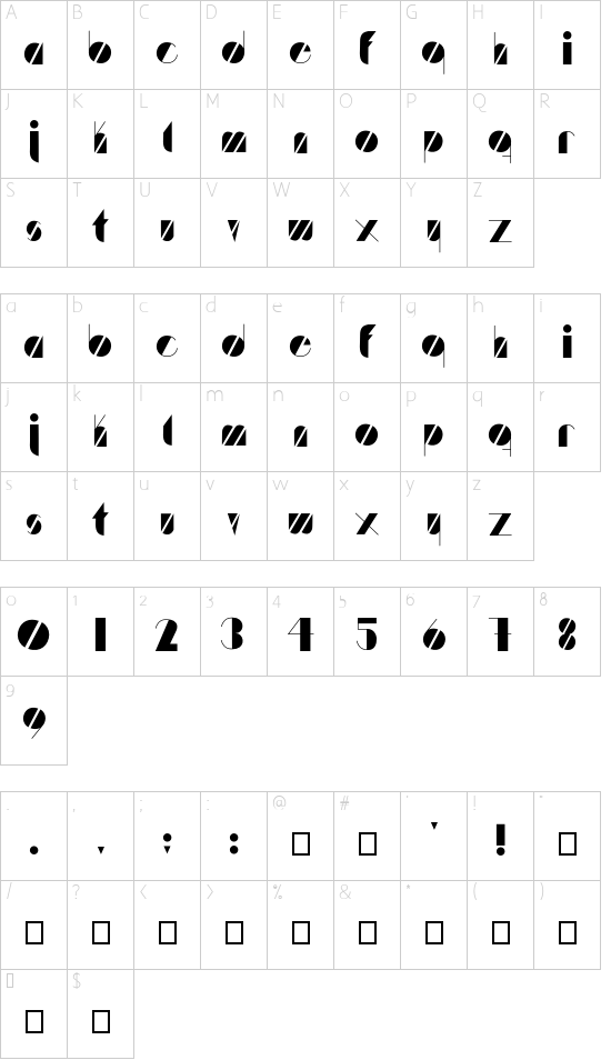 Artistica font character map