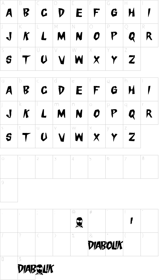 Danger Diabolik font character map