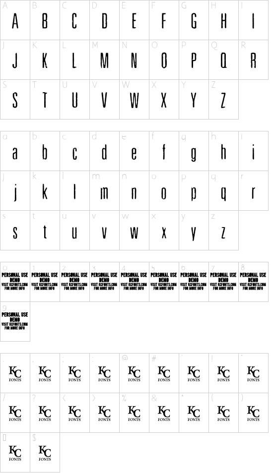 Pewter font character map
