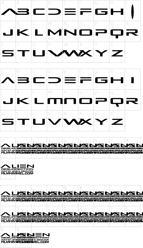 Alien Resurrection font character map