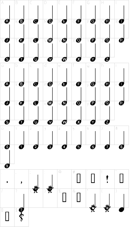 Simple Melody font character map