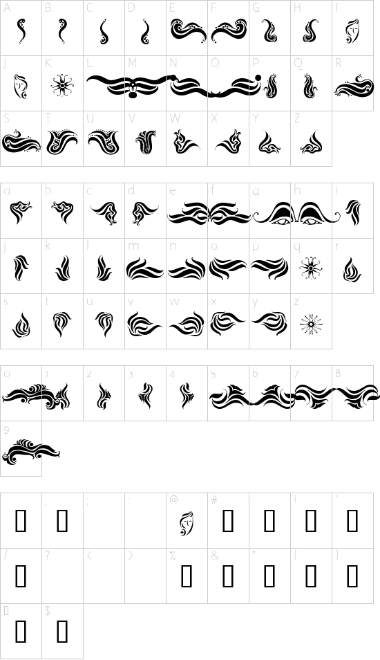 Absinth Flourishes II font character map