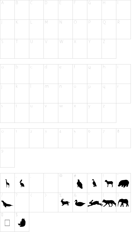 TQF_Animals font character map