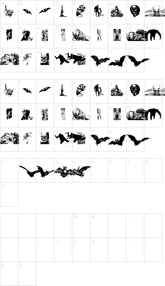 Horror Dingbats font character map