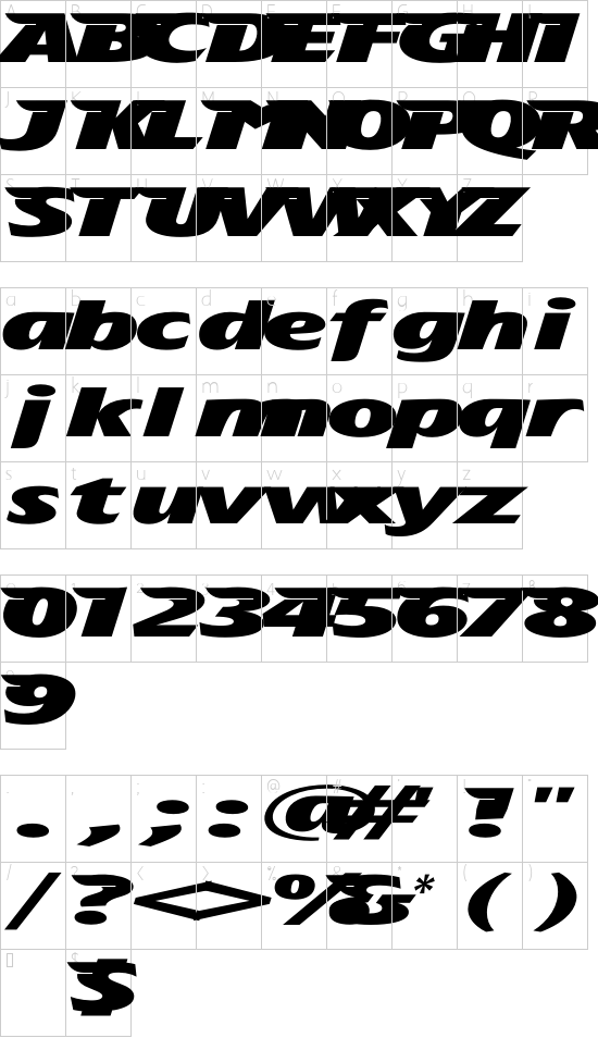 LHF Brien font character map