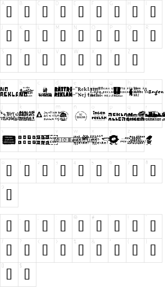 No Reklamo font character map