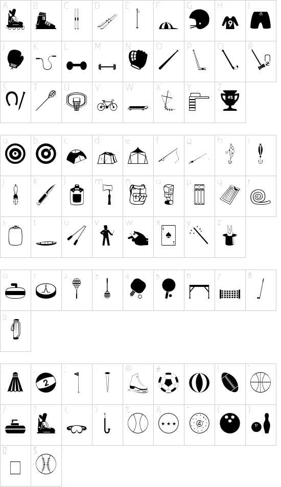 Sports and Hobbies font character map