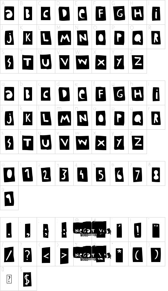 Woodcutter Negative font character map