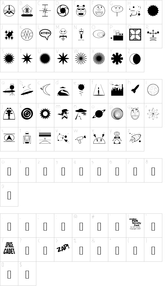 Outer Space JL font character map
