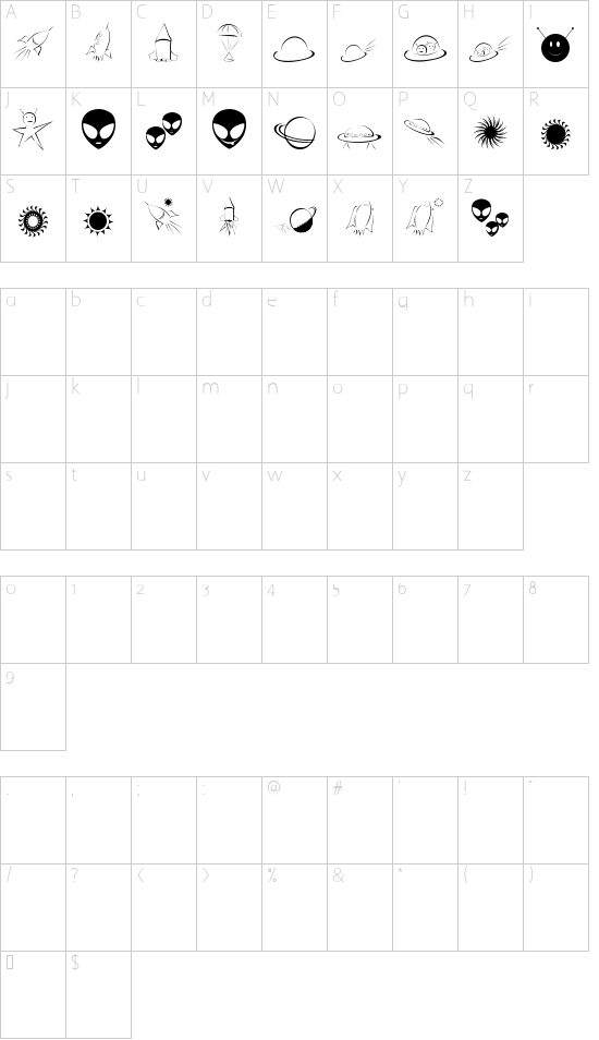 Spacey JHB font character map