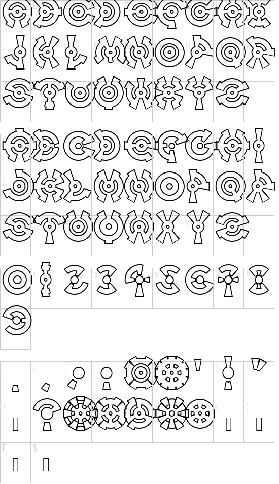 Anillo Outline font character map