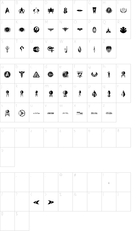 Trek Signs font character map
