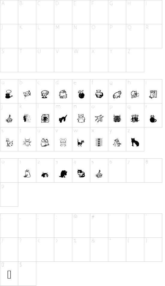AEZcrazycats font character map