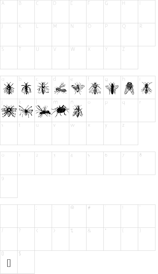 AEZinsects font character map