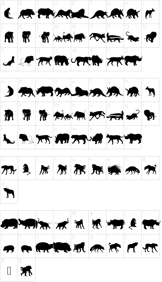 Afrika Wildlife B Mammals2 font character map