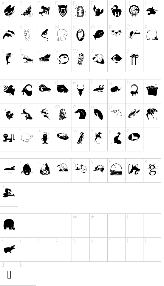 AnimalShadowsTwo font character map