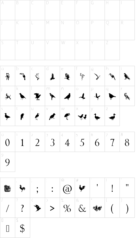 birds font character map