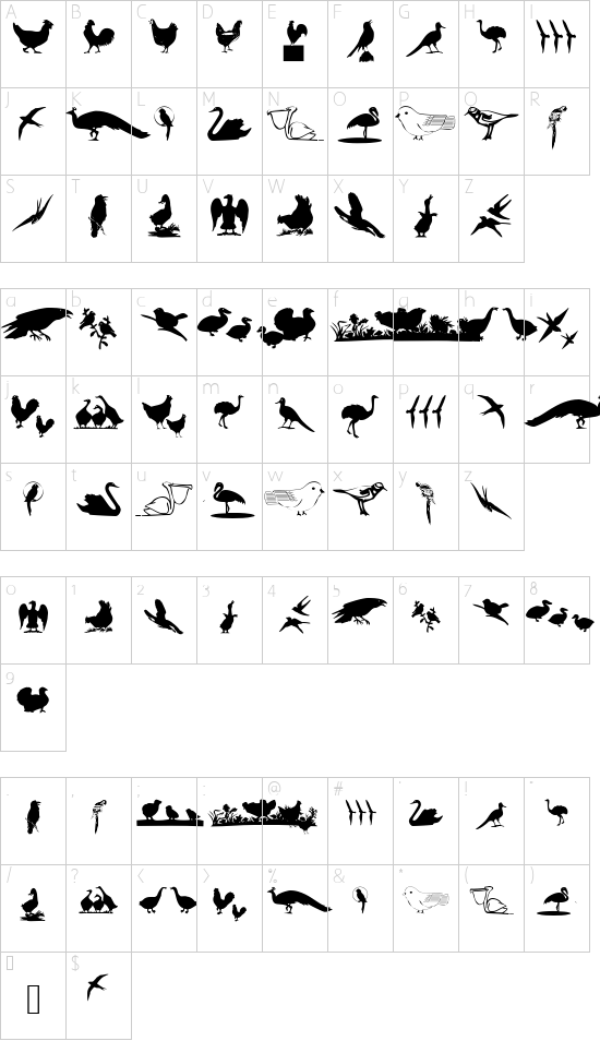 BirdsOThree font character map