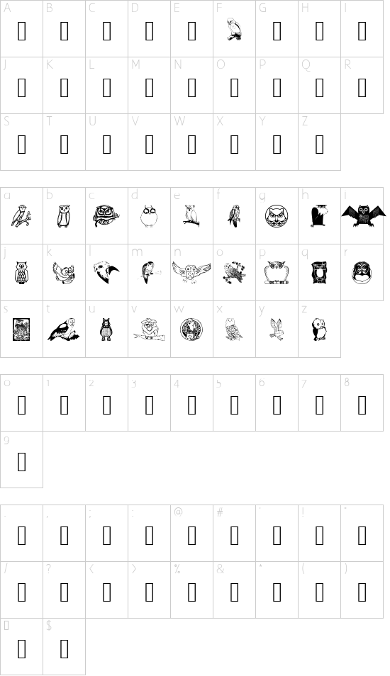CarstensOwls font character map
