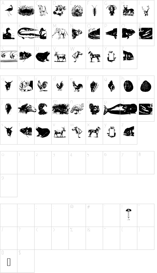 Zoological font character map