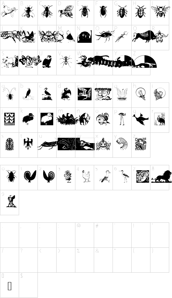 Zoology font character map