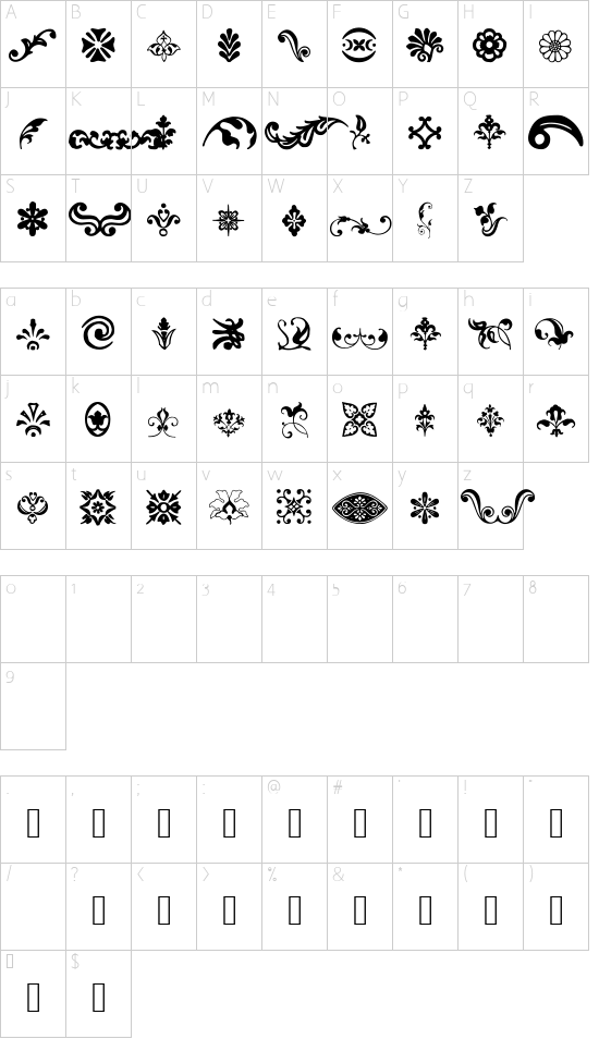 BeautifulOrnamentsThree font character map