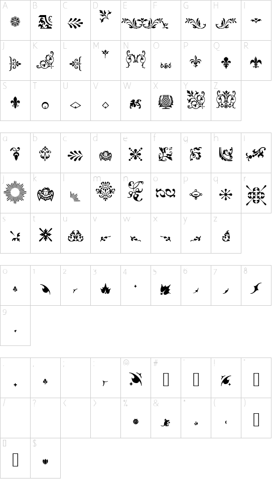 Fleurons A font character map