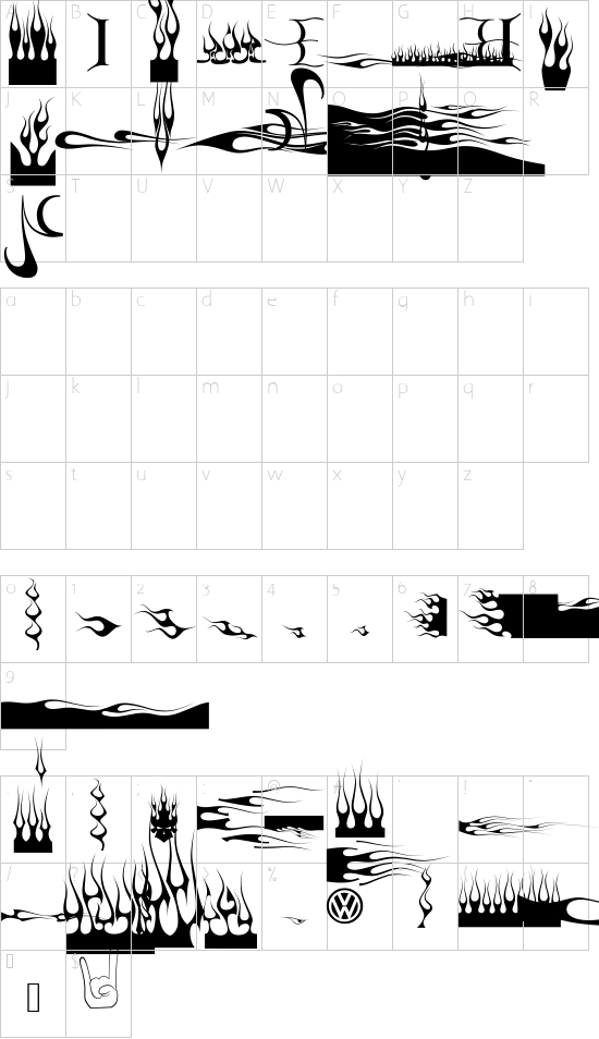 FlamesV font character map
