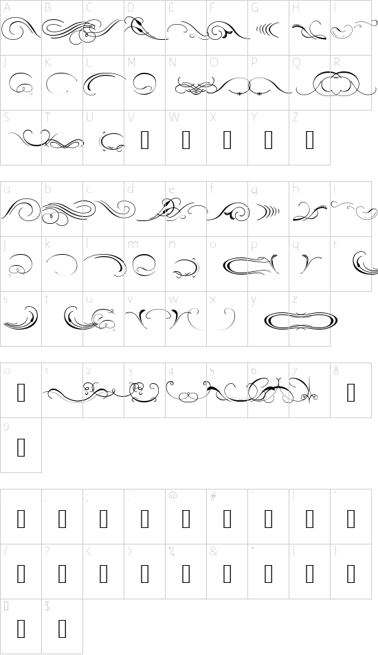Ornament ScrollsAndFlorishes font character map