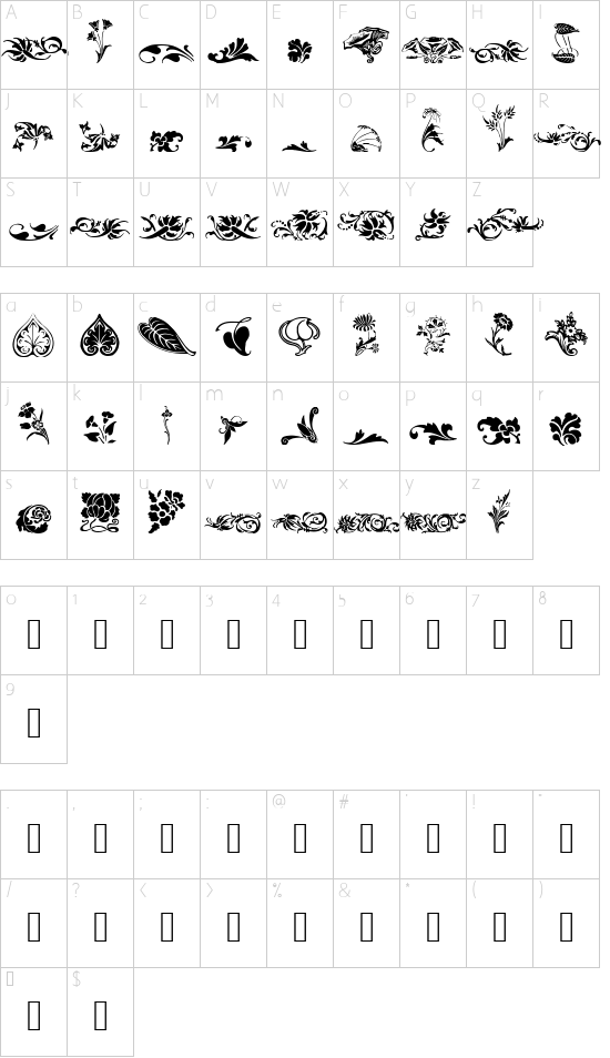 WWFloralCorner font character map