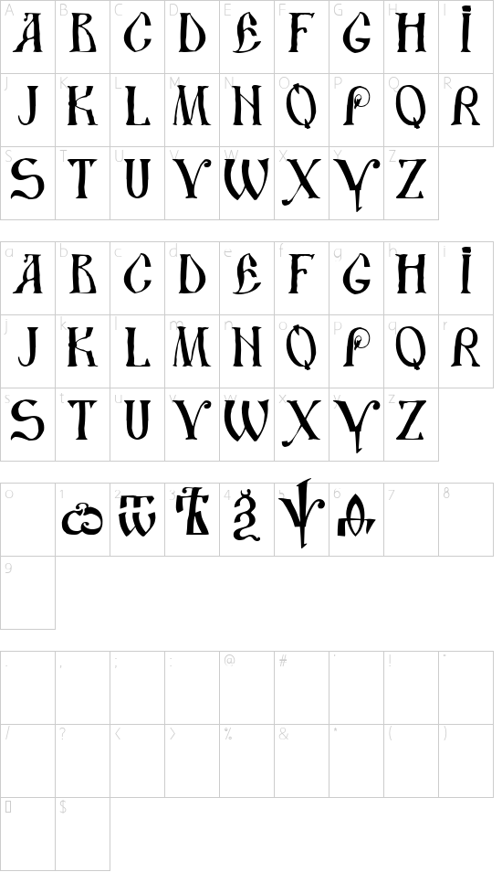 DS UstavHand font character map