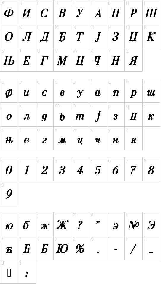 Cyrillic-Bold-Italic font character map