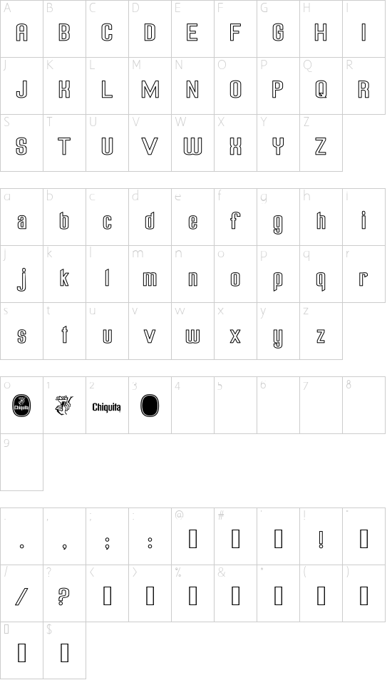 Chiquita Outlined font character map