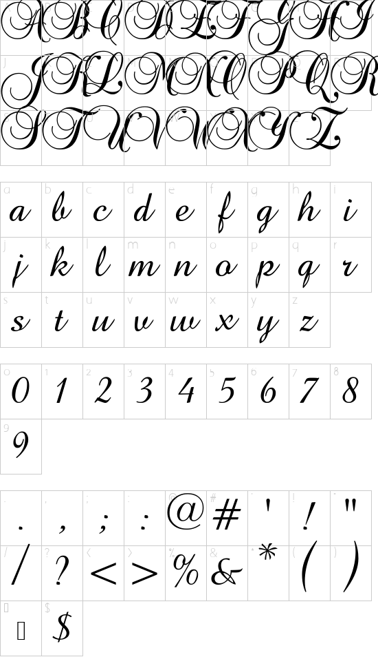 Baroque Script font character map
