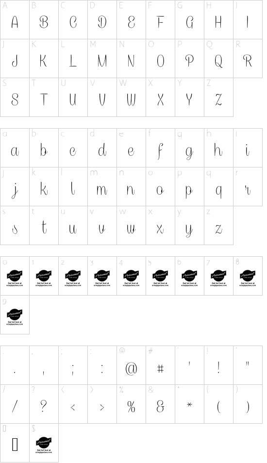 CaneletterScriptThinPersonal font character map