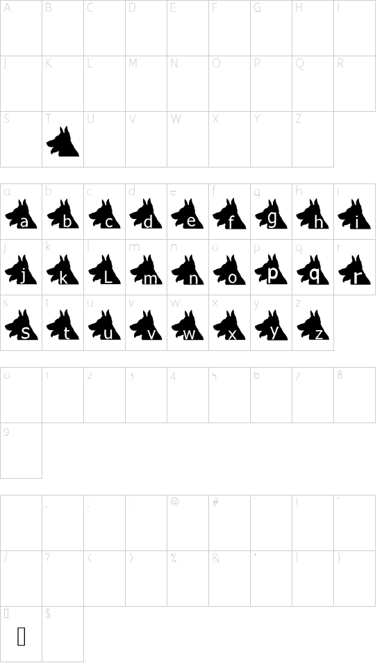 AEZ puppy dog  font character map