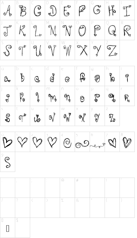 Audra Hearts font character map