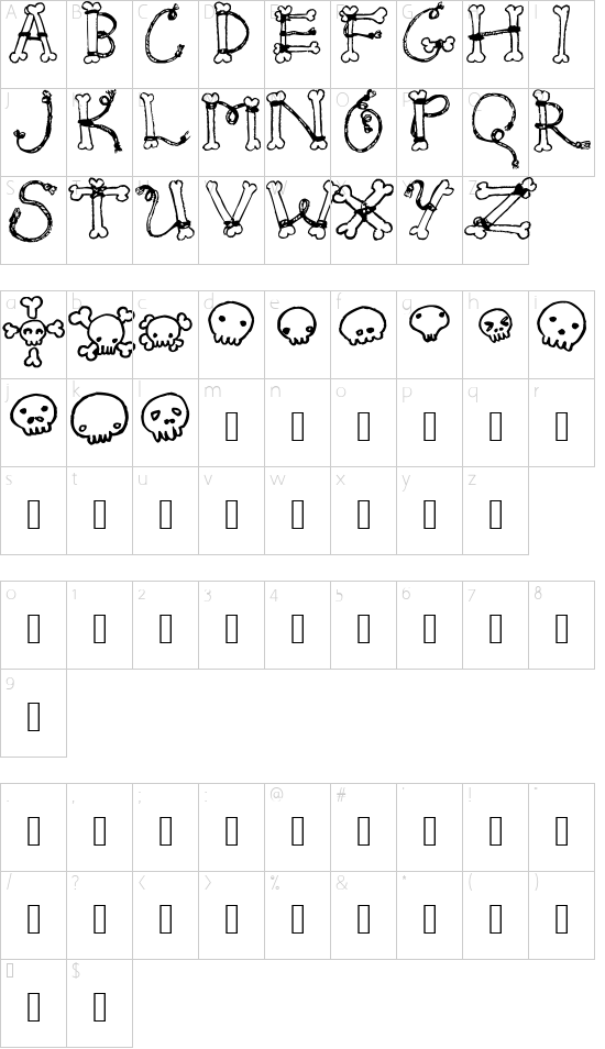 Bones & Rope font character map
