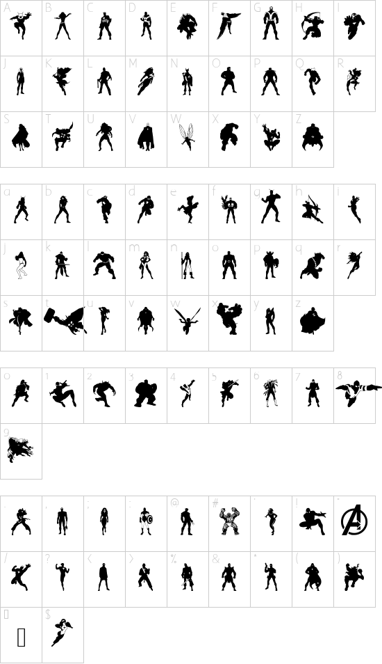 Heroes Assemble Dingbats Regular font character map