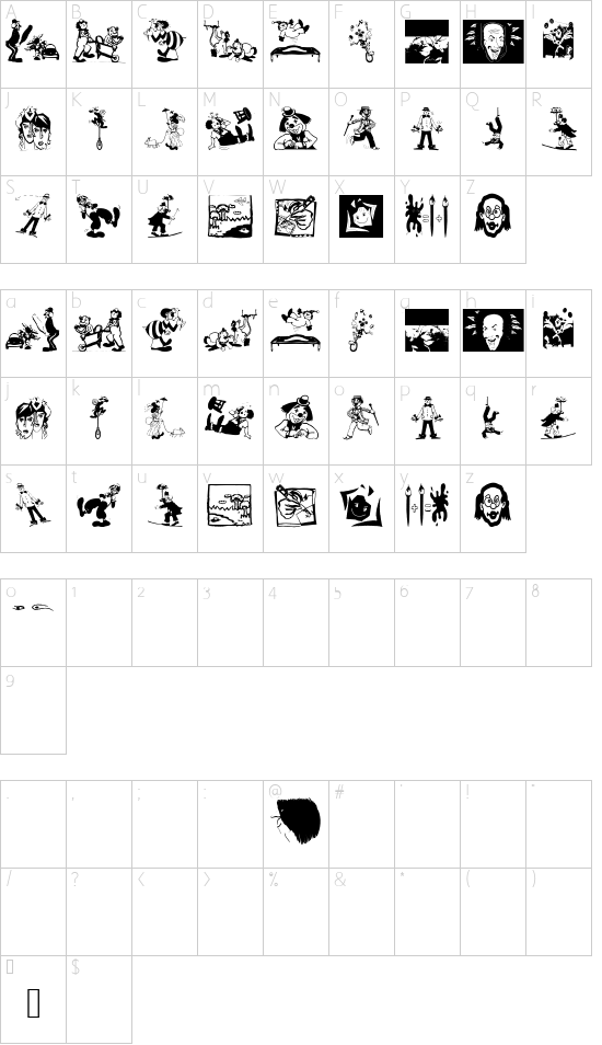 MoreClowns font character map