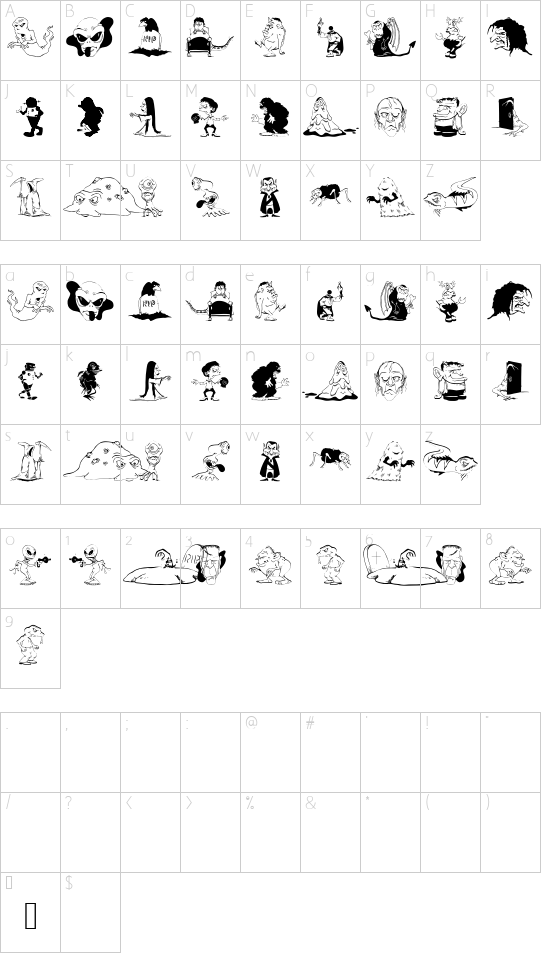 NastyHorrorShow font character map