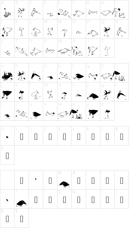 SaulsRandomBirds font character map
