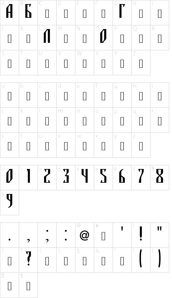 BLAGO font character map