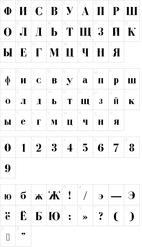Cyrillic Bold font character map