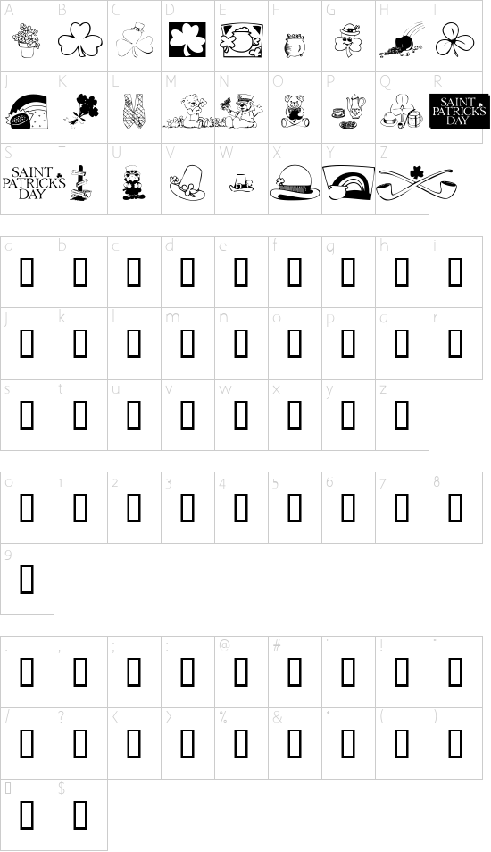 KR Belated St Patricks font character map