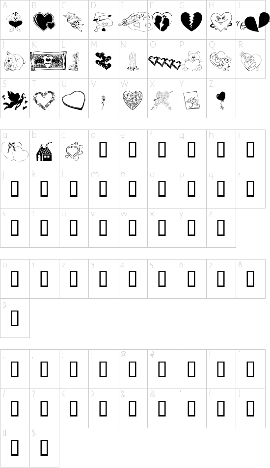 KR Belated Valentine font character map